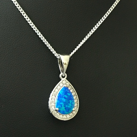 Blue Opal and CZ Sterling Silver Necklace - Picture 8 of 8